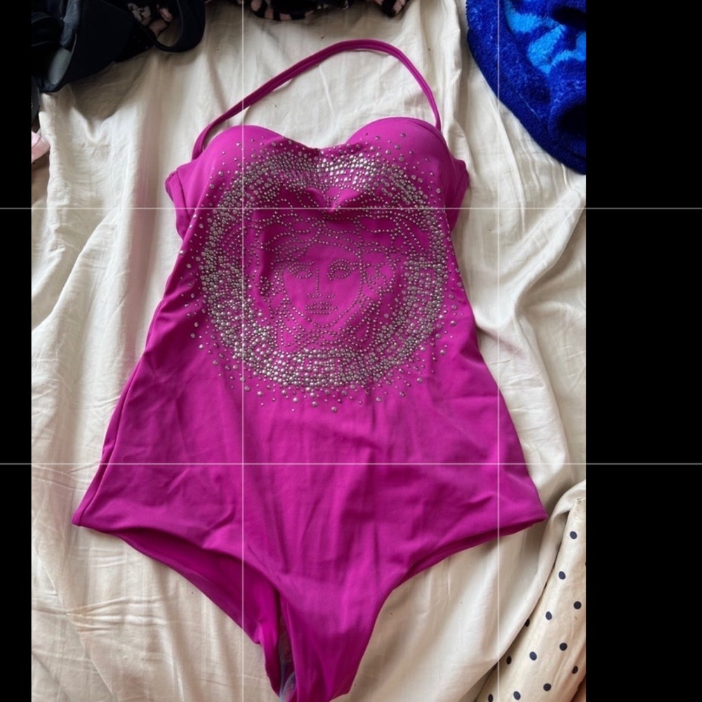 New Versace Purple pink Jersey Embellished Medusa Swimsuit sold out